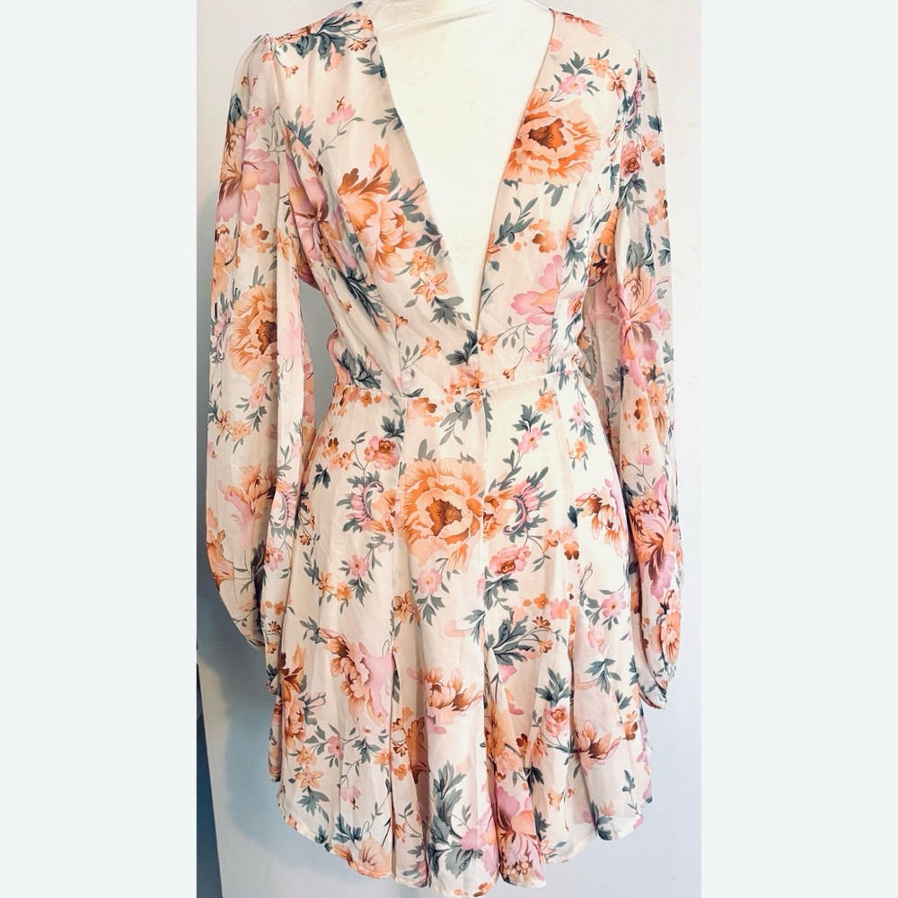 Hello Molly Boho Floral Mini Dress Deep V-Neckline, Long Puff Sleeves- Size 4